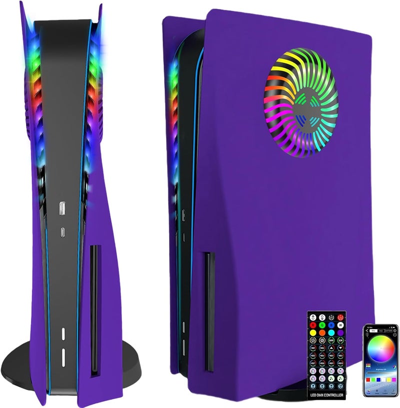 Megadream for PS5 Faceplates with Cooling Vents LED Lights, Cooling Cover Replacement Plates Shell Accessories Anti-Scratch Dustproof with RGB Lights Package for PlayStation 5 Disc Edition (Purple) - Image 1