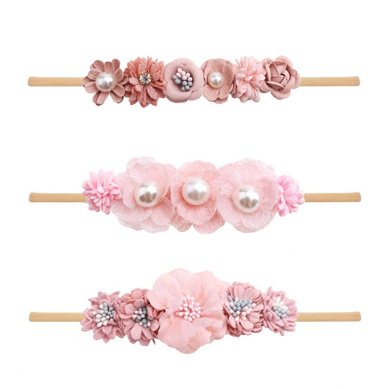 mligril Baby Girl Nylon Headbands Flower Hair Bows Accessories-Elastic Hair Band Crown Handmade FLoral Wraps Birthday Gifts for Girls Newborn Infant Toddler 3Pcs - Image 1