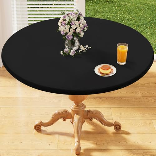 homing Round Elastic Fitted Tablecloth WaterResistant Fabric Tablecloths for 4556 Tables Washable Polyester Table Cover for Picnic Caming Dinner Indoor Outdoor Black - Image 1