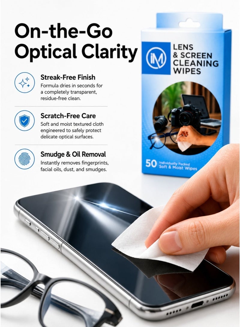Impressmed Lens & screen cleaning wipes Pre-Moistened Streak-Free 50-Piece Pack - Image 2