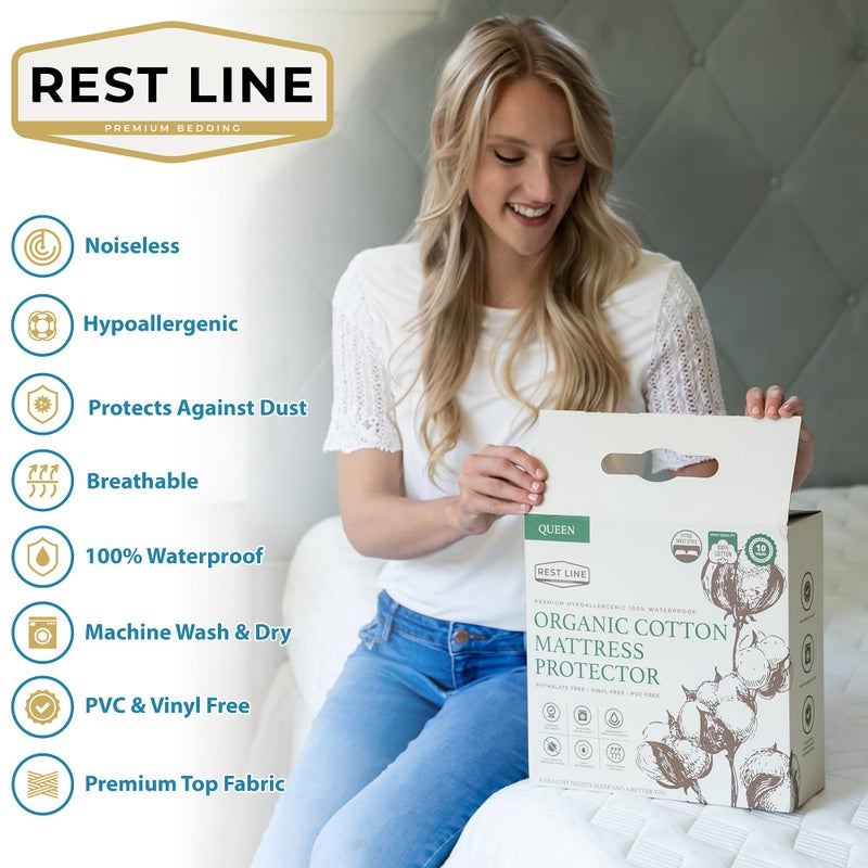 REST LINE PREMIUM BEDDING Twin Size 39x75â€ Premium Organic Cotton Waterproof Mattress Protector, 100% Cotton, Hypoallergenic, Cooling Mattress Pad Cover, Soft & Breathable Fitted Sheet Style up to 18" Deep - Rest Line - Image 3