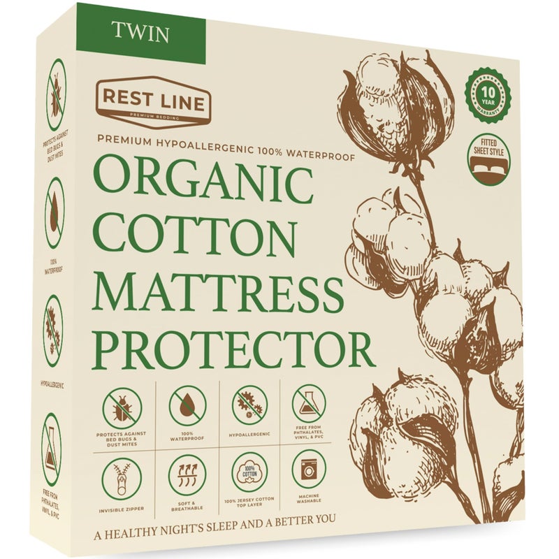 REST LINE PREMIUM BEDDING Twin Size 39x75â€ Premium Organic Cotton Waterproof Mattress Protector, 100% Cotton, Hypoallergenic, Cooling Mattress Pad Cover, Soft & Breathable Fitted Sheet Style up to 18" Deep - Rest Line - Image 1