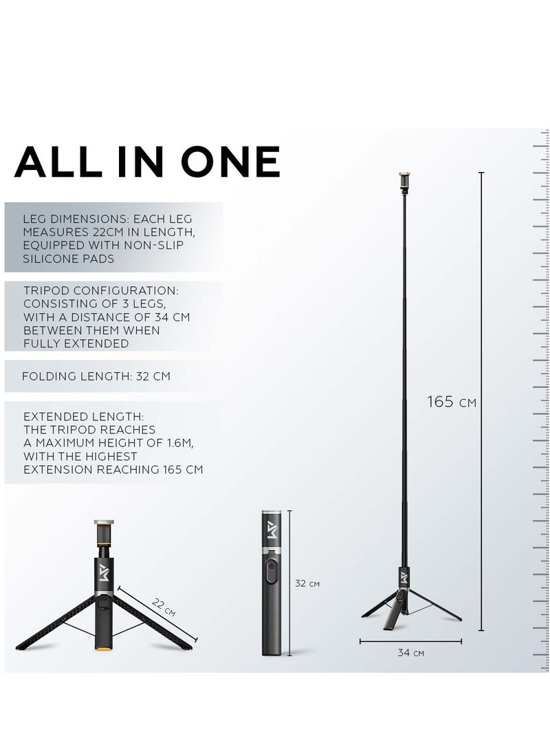 AMROAH 161cm/63,39" Portable Selfie Stick Tripod with Remote, Compact Photo Video Wireless Selfie Stick Tripod Stand 360° Rotate Travel for Cell Phones Apple iPhone Pro Max 15 14 13 Samsung Xiaomi GoPro  - Image 2