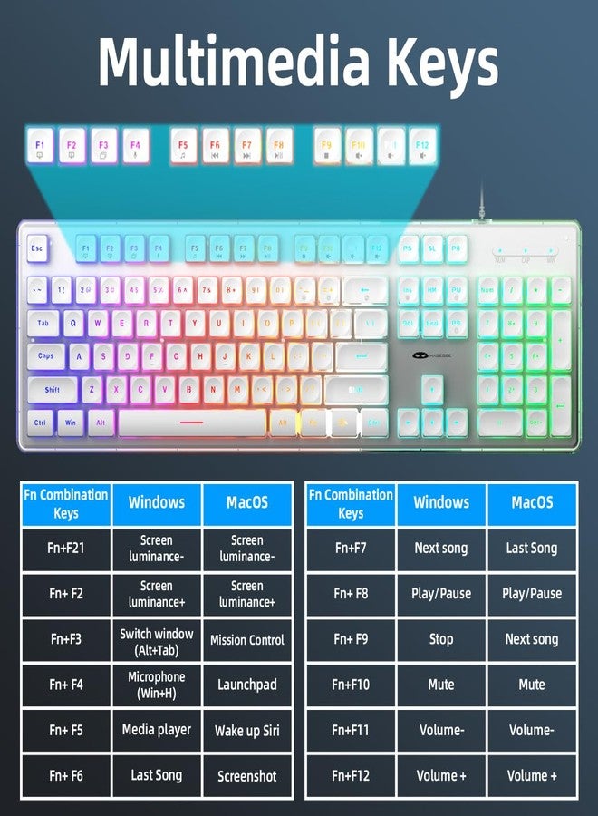 Camiysn Gaming Keyboard and Mouse, White 104 Keys RGB and 6 Speed RGB Mouse Combo, Pudding Keycaps Silent Computer Keyboard for Computer/PC/Laptop/Mac/Windows/Office - Image 2