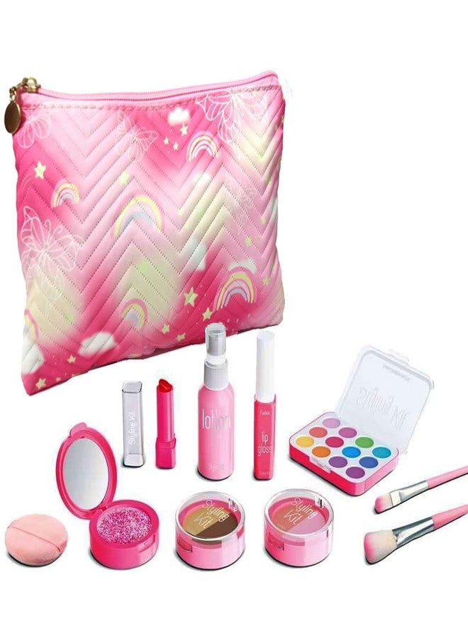WenToyce Pretend Makeup Kit for Girls, 11 Pcs Kids Cosmetic Pretend Play Beauty Make Up Set, Not Real Eye Shadow Blush Palette Lipstick wit Hand Bag, Pink - Image 1
