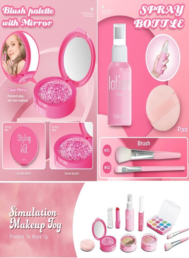 WenToyce Pretend Makeup Kit for Girls, 11 Pcs Kids Cosmetic Pretend Play Beauty Make Up Set, Not Real Eye Shadow Blush Palette Lipstick wit Hand Bag, Pink - Image 2