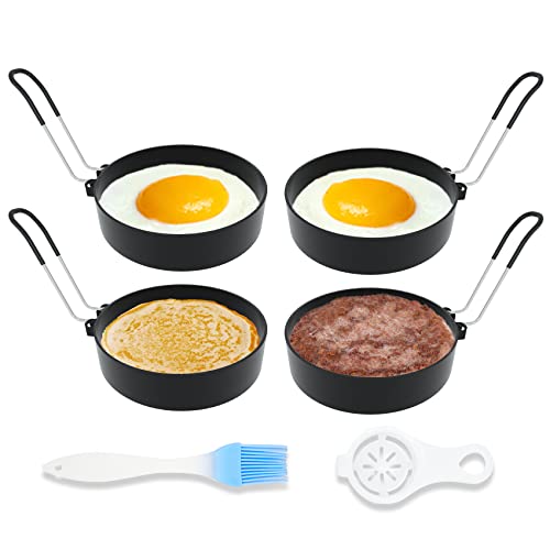 Ameupin Stainless Steel Egg Rings for Frying Eggs（4 Pack） - 3.5" Round Non Stick Griddle Rings with Oil Brush, Egg Sandwich/Pancake/Cooking Molds, Breakfast Maker Accessories & Egg Separator - Image 1