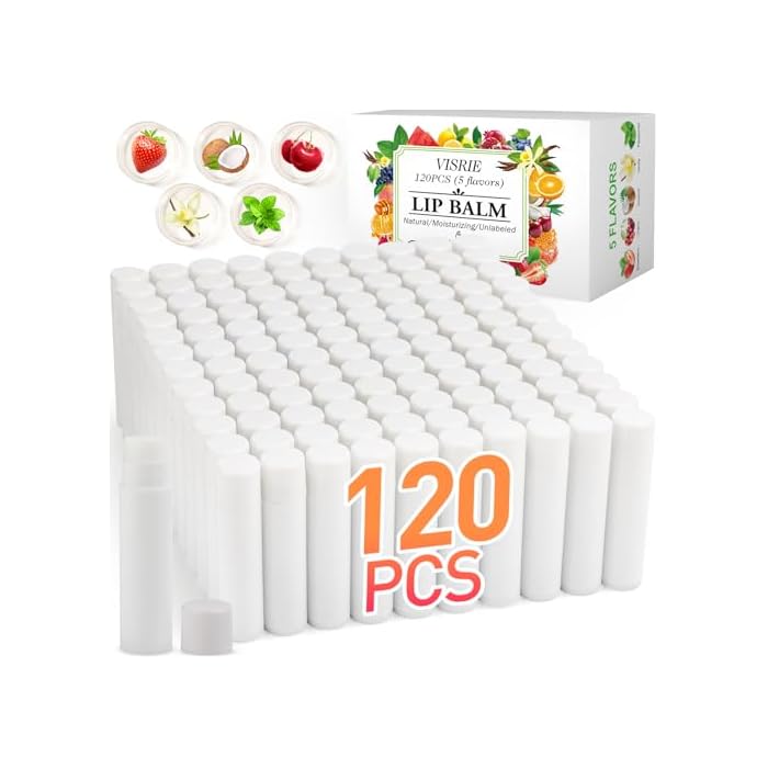 VISRIE 120 Pack Lip Balm Unlabeled, Natural Lip Balm Bulk Blank Tube, Personalized Lip Balms for Party Favors Adults and Bridal Shower Favors or Baby Shower Gifts-5 Flavors