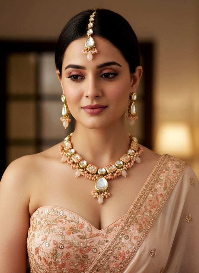 LUCKY JEWELLERY 18k Gold-Plated Meenakari Kundan-Studded & Beaded Jewellery Set - Image 1