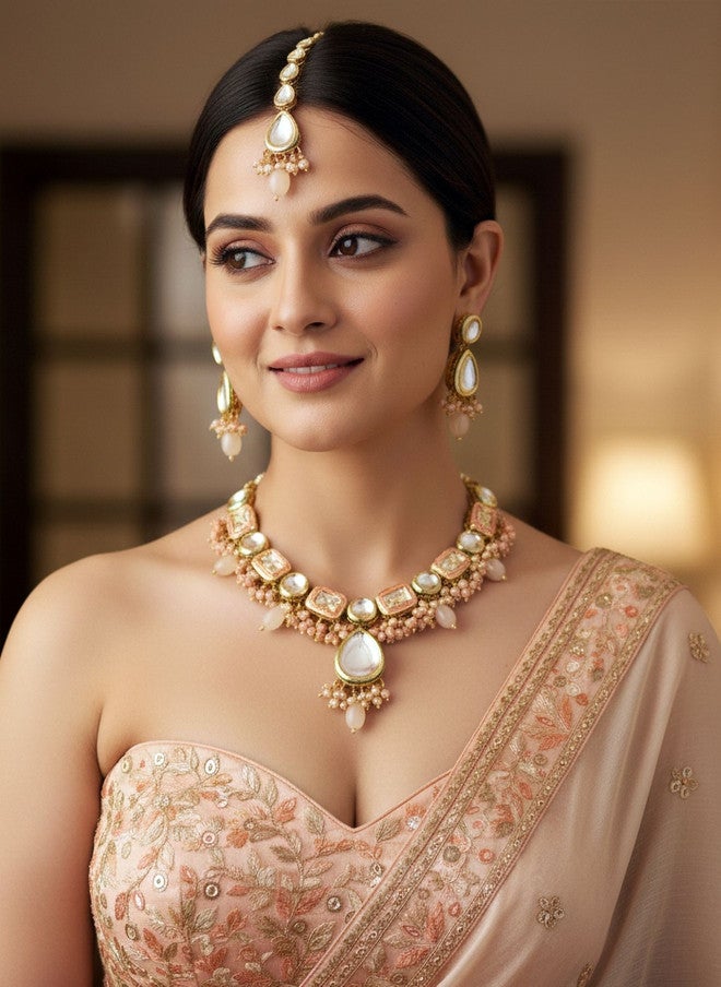 LUCKY JEWELLERY 18k Gold-Plated Meenakari Kundan-Studded & Beaded Jewellery Set - Image 3