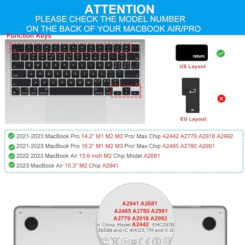 OJOS Keyboard Cover for 2024 2023 MacBook Air 15 inch M2 M3 Chip A2941 A3114, Compatible with 2024 2023 2022 MacBook Air 13.6" M2 M3 A2681 A3113 US Keyboard Protector -Black - Image 2