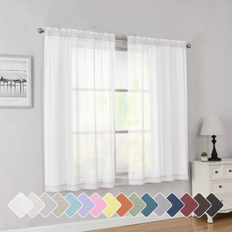 Simplebrand White Short Sheer Curtains 45 Inch Length for Small Windows Rod Pocket 2 Panels Set Solid Voile Drapes Window Sheer Curtains for Bedroom Bathroom Kids Room Kitchen 42x45 Inch White