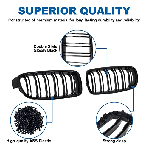 BILLDIO F30 Grille - Front Kidney Grille Double Slats Glossy Black Compatible with 2012-2018 BMW 3 series F30 F31 320i 328i 328d 330e 330i 335i 340i 328i,BMW F30 Black Kidney Grille - Image 3