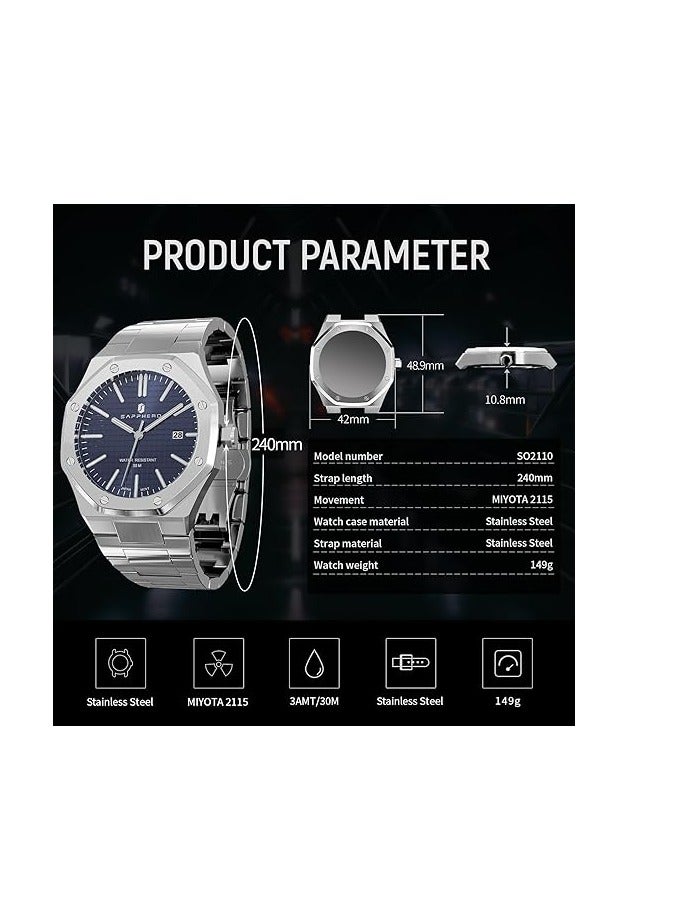Sapphero ساعات رجالية 30 متر مقاومة للماء ساعات للرجال ساعة فضية من الفولاذ المقاوم للصدأ حركة كواتز يابانية أنالوج ثمانية الأضلاع تصميم بسيط فاخر كلاسيكي موضة ساعات معصم للرجال هدايا للرجال - Image 5