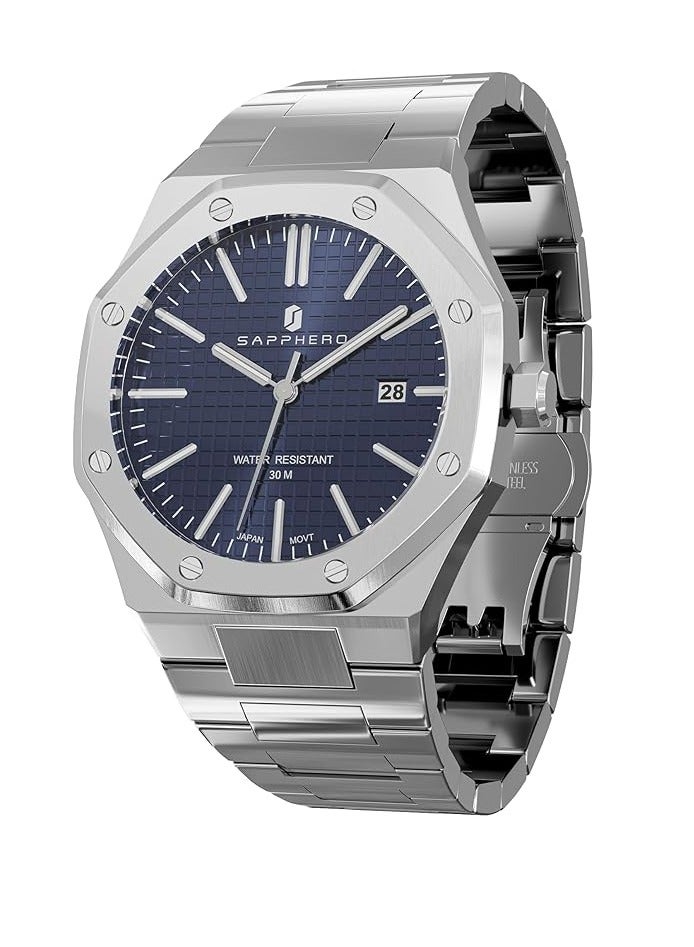 Sapphero ساعات رجالية 30 متر مقاومة للماء ساعات للرجال ساعة فضية من الفولاذ المقاوم للصدأ حركة كواتز يابانية أنالوج ثمانية الأضلاع تصميم بسيط فاخر كلاسيكي موضة ساعات معصم للرجال هدايا للرجال - Image 1