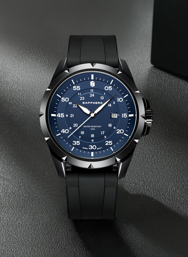 SAPPHERO Men's Silicone Waterproof Watch 5ATM Japanese Quartz Movement Stainless Steel Case Men's Watch Date Design Sport Casual Business Best Gift for Men - Image 3
