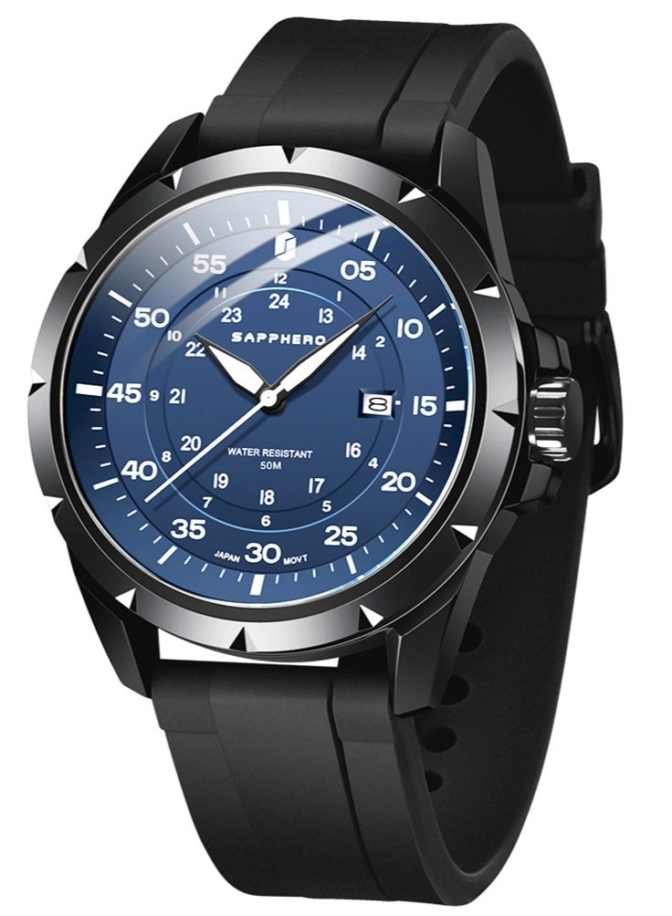 SAPPHERO Men's Silicone Waterproof Watch 5ATM Japanese Quartz Movement Stainless Steel Case Men's Watch Date Design Sport Casual Business Best Gift for Men - Image 1