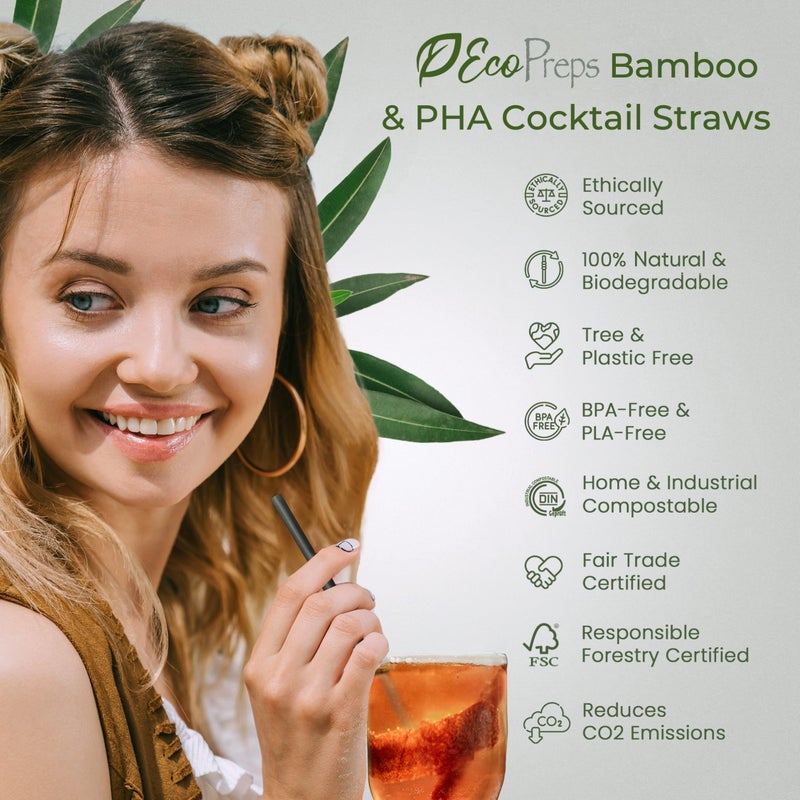 EcoPreps 5â€ Short Biodegradable Bamboo Fiber Cocktail Straws | 200 Count, 100% Compostable, Plastic-Free, Eco-Friendly Drinking Straws | 5-Inch, Heat-Resistant PHA Coffee and Cocktail Stirrers (Black) - Image 2