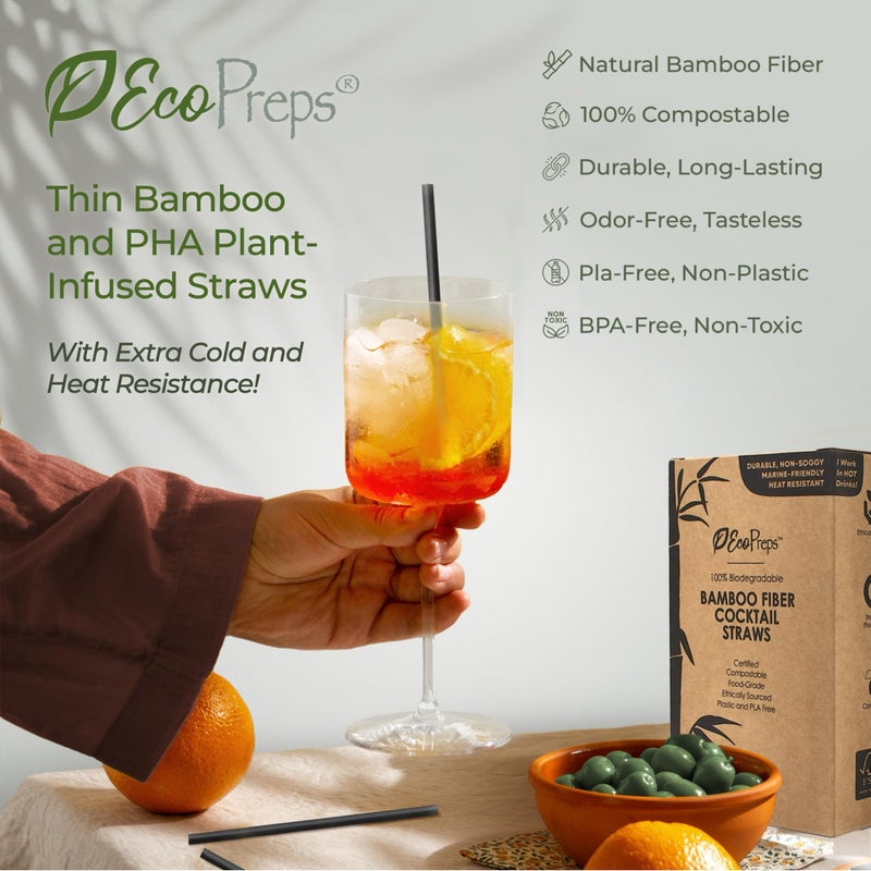 EcoPreps 5â€ Short Biodegradable Bamboo Fiber Cocktail Straws | 200 Count, 100% Compostable, Plastic-Free, Eco-Friendly Drinking Straws | 5-Inch, Heat-Resistant PHA Coffee and Cocktail Stirrers (Black) - Image 3