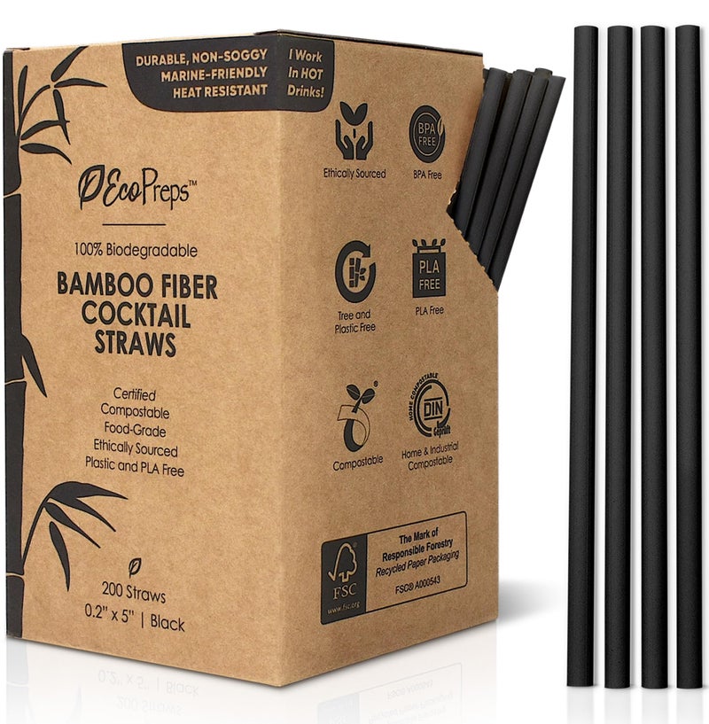 EcoPreps 5â€ Short Biodegradable Bamboo Fiber Cocktail Straws | 200 Count, 100% Compostable, Plastic-Free, Eco-Friendly Drinking Straws | 5-Inch, Heat-Resistant PHA Coffee and Cocktail Stirrers (Black) - Image 1