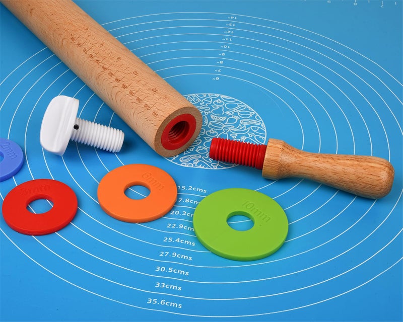 Victhur Rolling Pin with 4 Adjustable Thickness Rings and Long Handle 13.6 Inch Wooden Dough Roller for Baking, Dough, Cookie, Cake, Fondant, Pizza and Pie Crust - Image 5