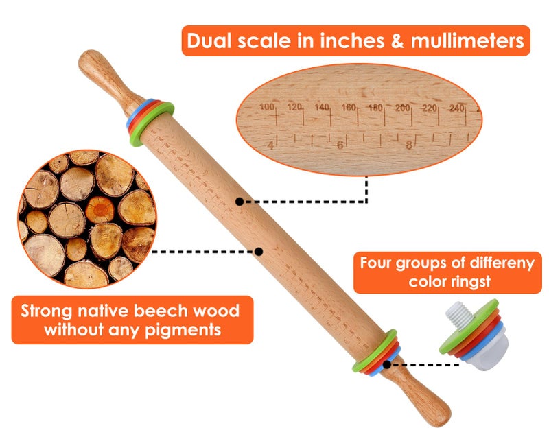 Victhur Rolling Pin with 4 Adjustable Thickness Rings and Long Handle 13.6 Inch Wooden Dough Roller for Baking, Dough, Cookie, Cake, Fondant, Pizza and Pie Crust - Image 3