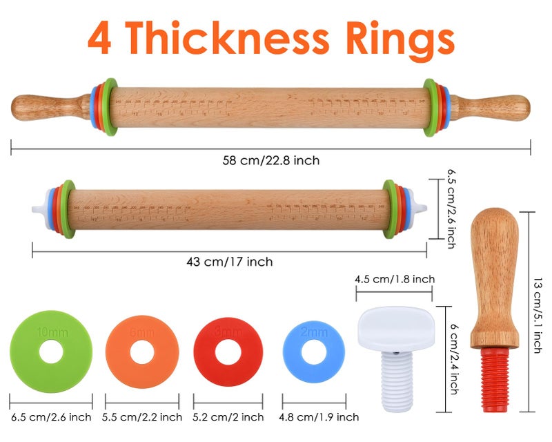 Victhur Rolling Pin with 4 Adjustable Thickness Rings and Long Handle 13.6 Inch Wooden Dough Roller for Baking, Dough, Cookie, Cake, Fondant, Pizza and Pie Crust - Image 2