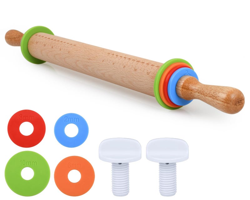 Victhur Rolling Pin with 4 Adjustable Thickness Rings and Long Handle 13.6 Inch Wooden Dough Roller for Baking, Dough, Cookie, Cake, Fondant, Pizza and Pie Crust - Image 1