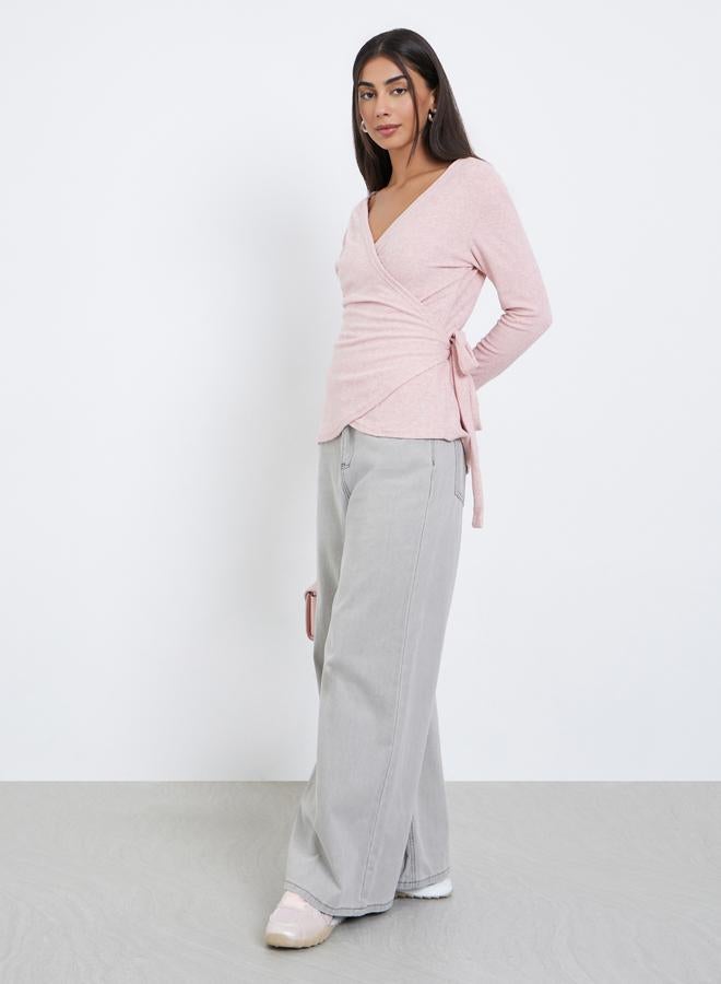 Styli Pink Plain Long Sleeve Wrap Knit Top - Image 2