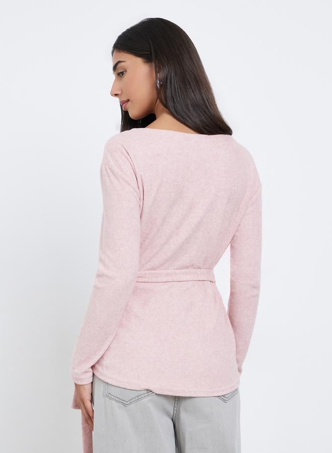 Styli Pink Plain Long Sleeve Wrap Knit Top - Image 5