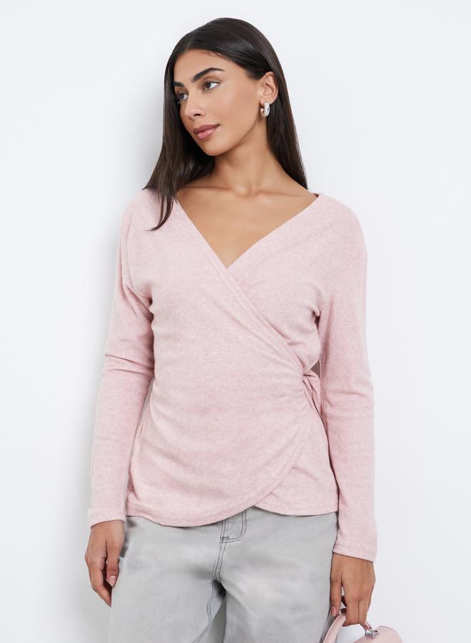 Styli Pink Plain Long Sleeve Wrap Knit Top - Image 1