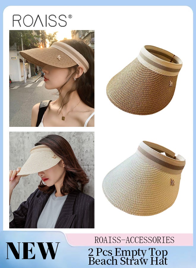 roaiss 2 Pcs Empty Top Beach Straw Hat for Women Lady's Portable Beach Visor Bee Decor Sun Hat Casual Golf Beach Cap Outdoor Hat Garden Fishing Hiking - Image 1