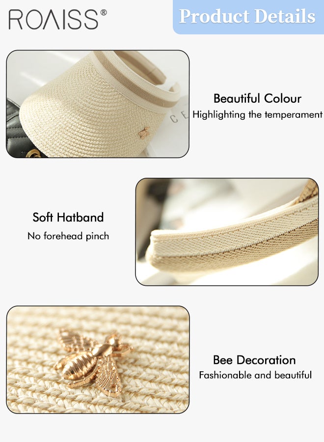 roaiss 2 Pcs Empty Top Beach Straw Hat for Women Lady's Portable Beach Visor Bee Decor Sun Hat Casual Golf Beach Cap Outdoor Hat Garden Fishing Hiking - Image 5