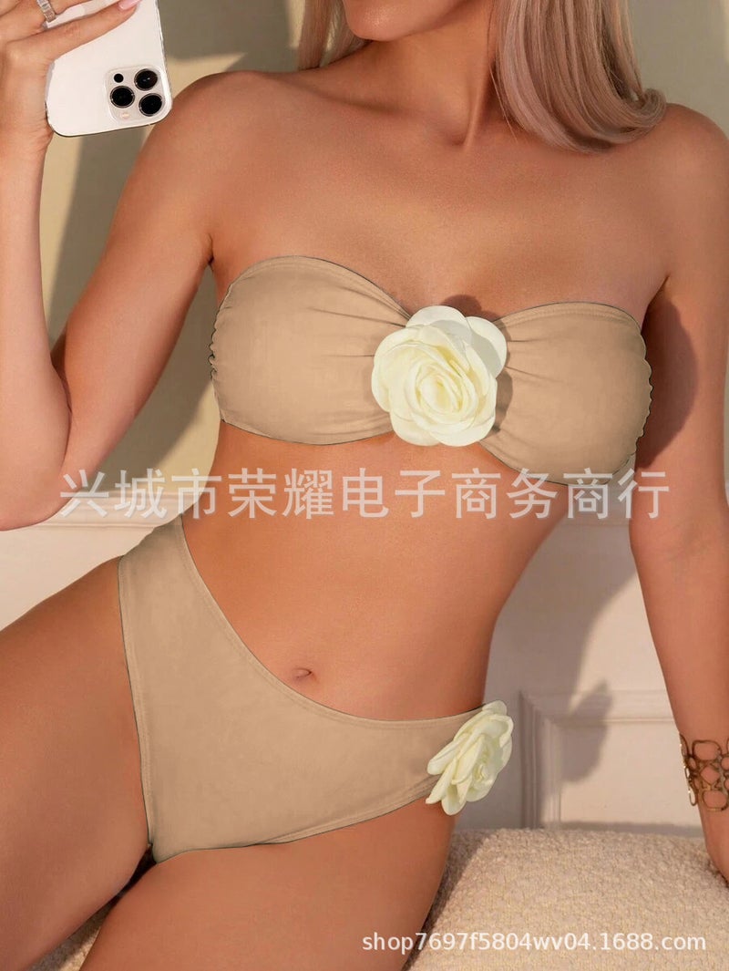 New Rose Tube Top Swimsuit Solid Color Split Swimsuit Bikini Bikini 2024 - Image 1
