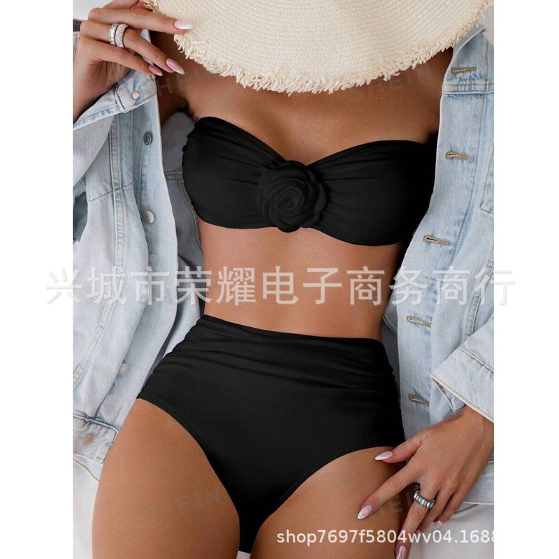 New Rose Tube Top Swimsuit Solid Color Split Swimsuit Bikini Bikini 2024 - Image 4