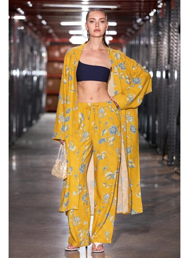 GRIMELANGE NARVENA Women's Linen-Blend Detailed Print Comfortable Fit Yellow Printed Kimono.