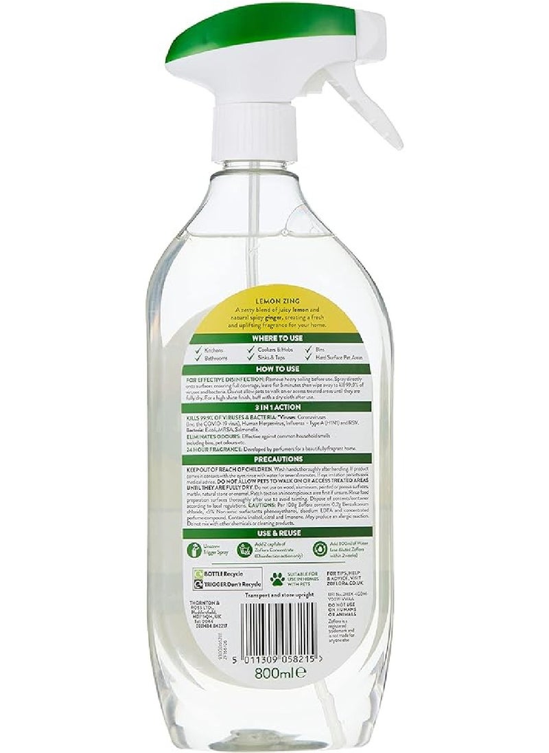 Zoflora - Zoflora 800 ml, Multi-purpose Concentrated Disinfectant All Surface Cleaner-Floor Cleaner-Effective against bacteria & Viruses-Long Lasting Lemon Zing Fragrance-Eliminates Odour-All Day Fresh. - Image 1