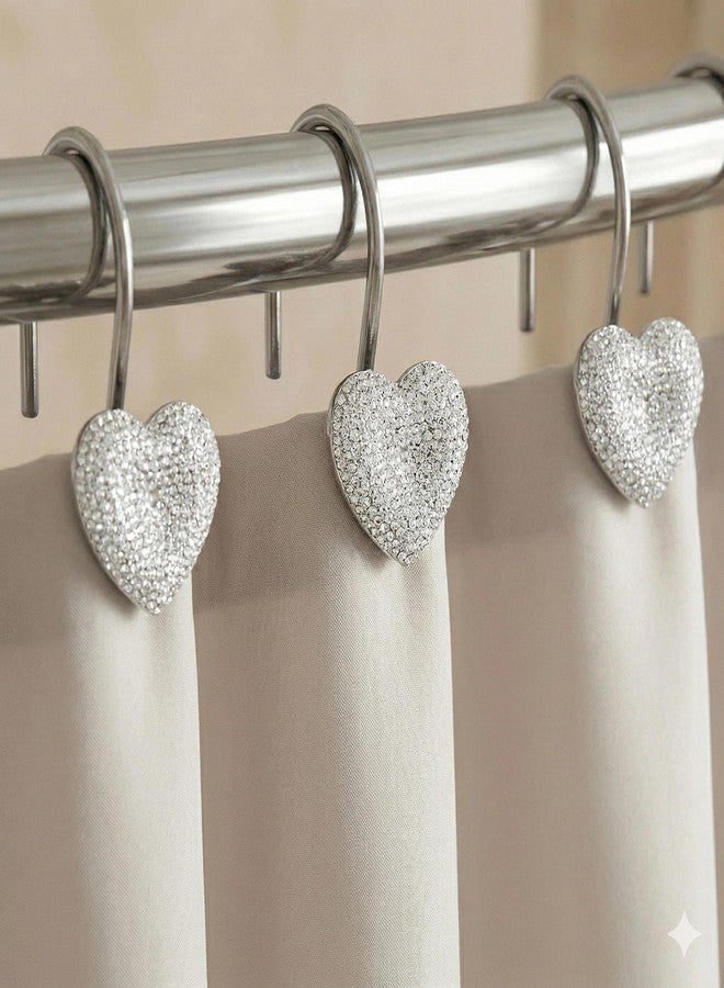 Popkozzi Clear Heart Shower Curtain Hooks: 12 Pcs Glitter Crystal Decorative Curtain Rings with Sparkling Rhinestones - Transparent Shower Hangers for Valentine's Day Christmas Winter Holiday Bathroom Decor - Image 1