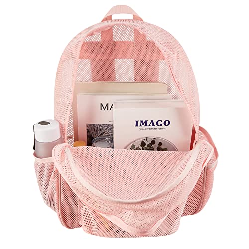 COVAX Heavy Duty Mesh Backpack, See Through College Backpack with Padded Shoulder Straps for Commuting, Swimming, Travel, Beach, Outdoor Sports (Pink) - Image 3