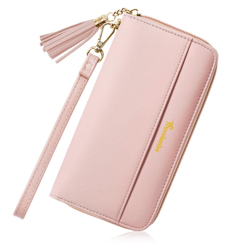 Travelambo Womens Wallet Tassel Bifold Ladies Clutch Wristlet Wrist strap Long Purse (Access Pink Champagne) - Image 1