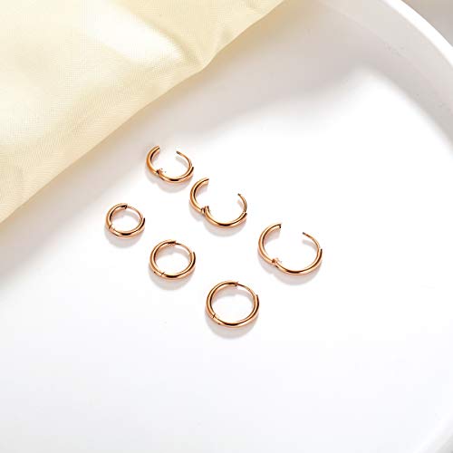 Vishoca Surgical Stainless Steel Hoop Earrings 8mm/10mm/12mm Small Huggie Hoop Earrings for Women and Men (I: Rose Gold (Diameter 8mm/10mm/12mm),3 Pairs) - Image 2