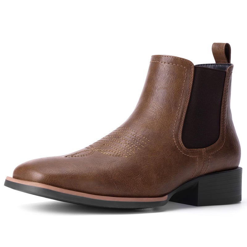 Choiran Western Cowboy Boots for Men - Mens Square Toe Chelsea Boots Ankle Cowboy Boots for Men Casual Retro Stylish Boots Brown - Image 1