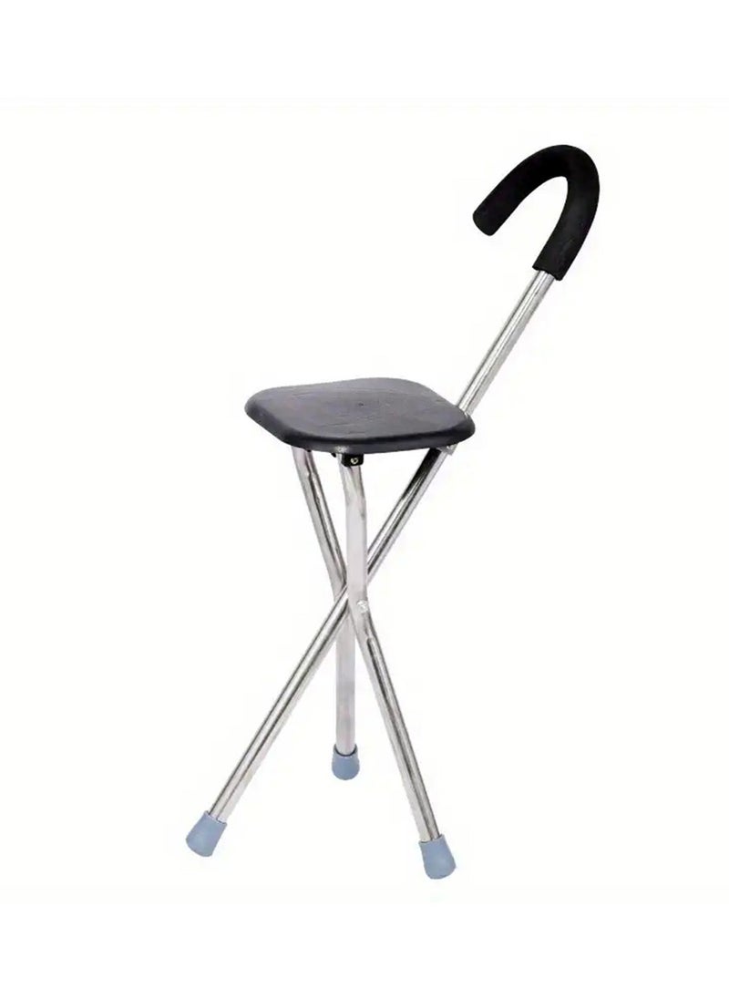 Arabest Folding Cane Seat Portable Walking Stick Chair Stainless Steel Elderly Crutch Stool 3 Legs Thickening Travel Seat Black  - Image 1