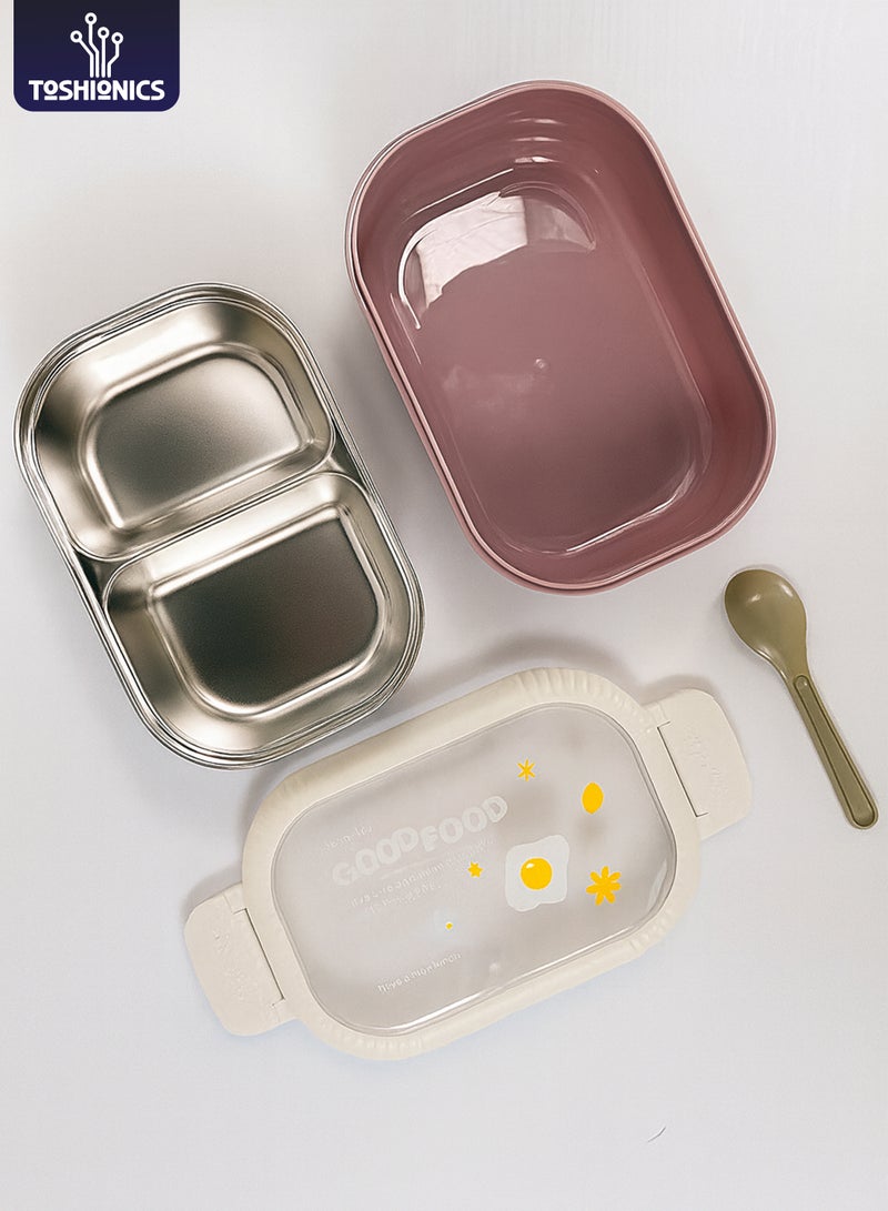 Toshionics Stainless Steel Classic Lunchbox 1.5L – Bento Meal Box with 2 Compartment and Spoon – Freezer, Dishwasher and Microwave Safe, Leakproof and Airtight with Dual Compartment, BPA-Free, Lightweight, Durable Food Container for Adults and Kids – Home, Office, School, Daycare, Travel – 19x13x6 cm - Image 1