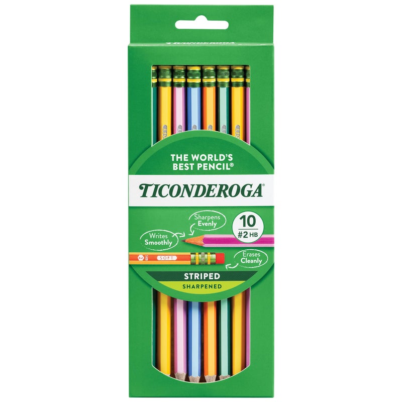 Ticonderoga X13910 Striped Wood-Cased Pencils, 2 HB Soft, Pre-Sharpened, 10 Count, Assorted Colors - Image 1