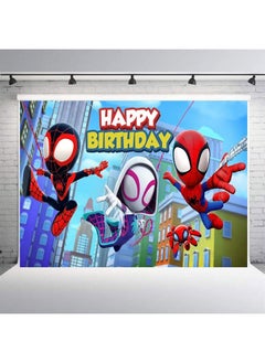 Spidey and His Amazing Friends Backdrop, Cartoon Superhero Spiderman Themed Photography Backdrops for Girl Kids Happy Birthday Party Photo Background (5X3FT)