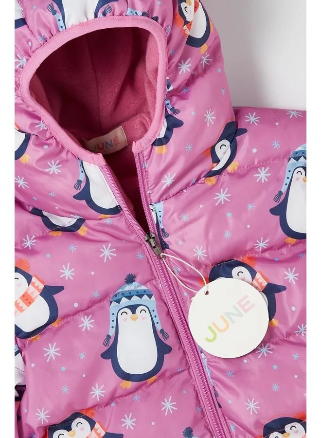 JUNE June Penguin Patterned Fleece Inner Girl's Coat Pink