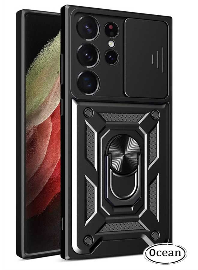 Ocean Samsung Galaxy S23 Ultra Case, TPU Material, Matte Hard Back, Military Machine Anti Drop and Shock-Absorbing, with Sliding Cover Lens Protection Strap and Adjustable Bracket, Black - Image 1