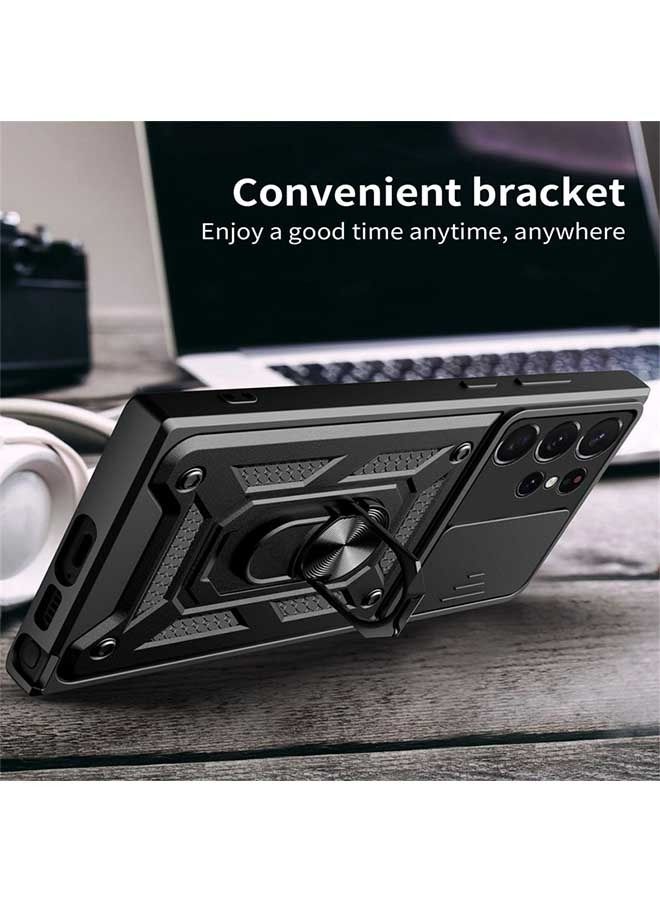 Ocean Samsung Galaxy S23 Ultra Case, TPU Material, Matte Hard Back, Military Machine Anti Drop and Shock-Absorbing, with Sliding Cover Lens Protection Strap and Adjustable Bracket, Black - Image 4