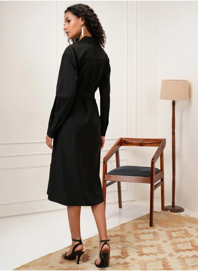 Tokyo Talkies Solid Shirt Midi Dress with Waist Tie Detail